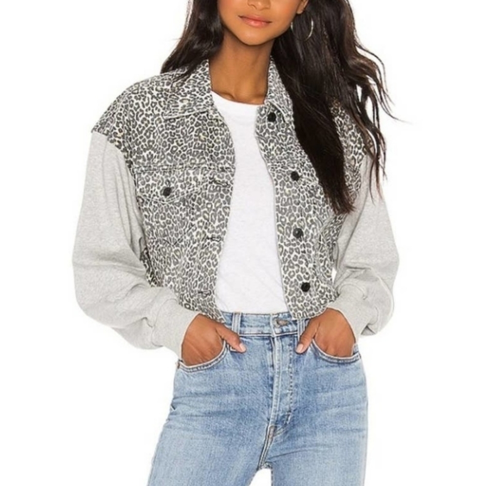 All Saints XS/Small Animal Print Cropped Anders Denim Jacket